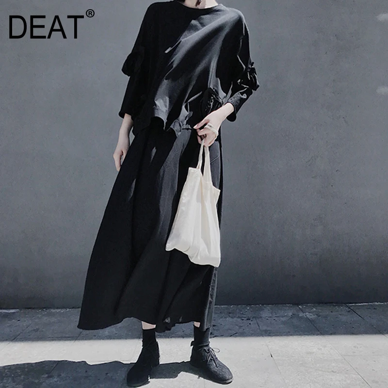 

[DEAT] 2019 New Spring Summer High Elastic Waist Black Pleated Irregular Brief Loose Half-body Skirt Women Fashion Tide JX24