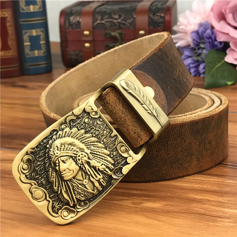 Brass Chief Cowboy Belt Buckle Men Leather Belt Jeans Belts Men Leather Metal Waist Belt Leather Strap Man Cinturon MBT0070