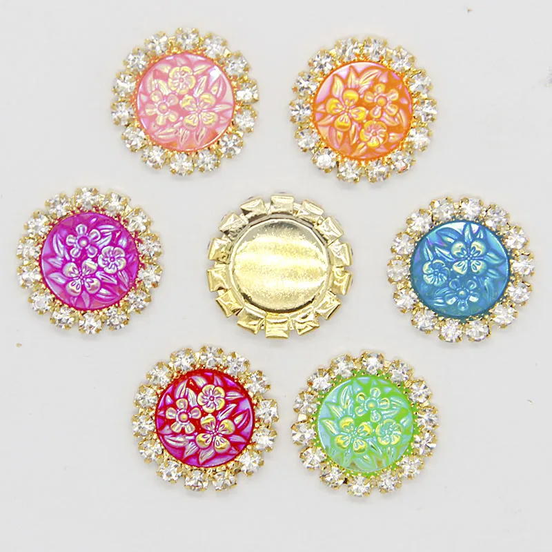 

10pcs 15x15mm Mixed AB Color Resin Round Flower Flatback Gold Metal Rhinestone Cabochon Base Cameo Setting DIY Jewelry Charms