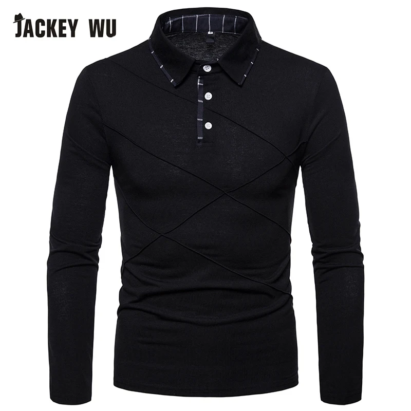 JACKEYWU, Мужская рубашка поло, весна, модная, чистый цвет, длинный рукав, хлопок, дышащая, Camisa Polo, эластичная, повседневная, поло, Черная