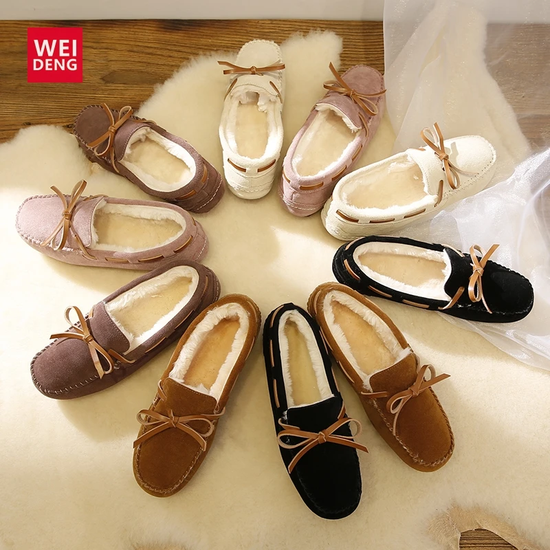 baratas WeiDeng Camurça Mocassins De Pele Quente Genuína Mulheres De Couro Sapatos de Barco De Pelúcia Apartamentos Deslizamento Em Botas de Neve de Inverno Do Sexo Feminino Casual Chinelo