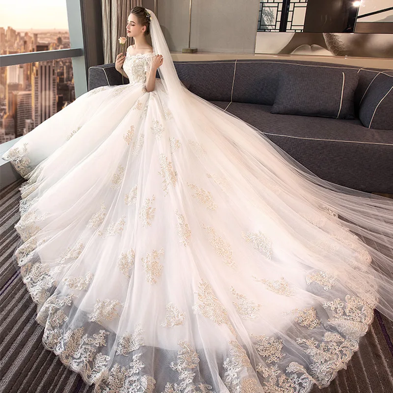 

White Robe De Mariee Elegant Wedding Dress Lace Appliques Ball Gown Royal Train Vintage Bridal Dresses Vestidos De Noiva