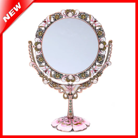 Antique Double Sided Swivel Vanity Makeup Mirror with Inlaid Rhinestone