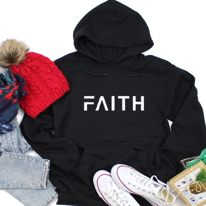 Женские толстовки с надписью «Faith» и принтом размера плюс, повседневные пуловеры с капюшоном, джемпер, одежда с христианским Иисусом, Прямая поставка - Цвет: Черный