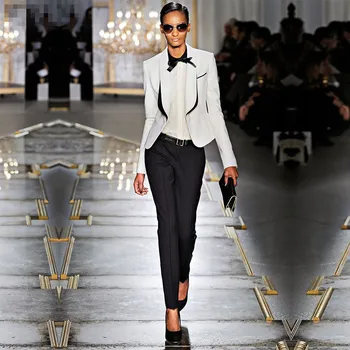 

Spring Womens Business Suits Black White Office Uniform Designs Women Tuxedo Female Trouser Suits Formal Wear Work 2 Piece Suits