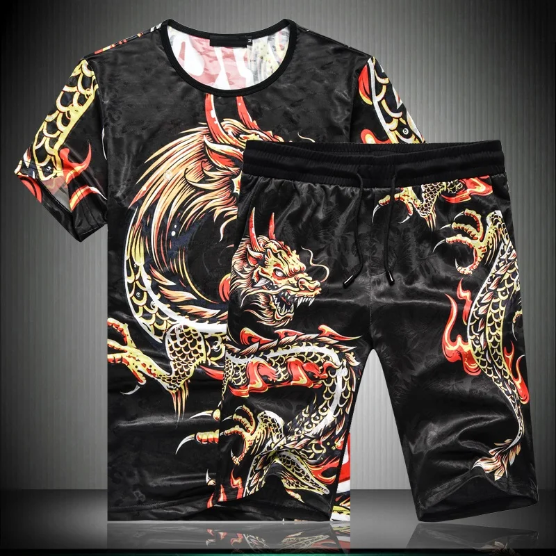 

BATMO 2019 new arrival summer high quality ice silk printed dragon t-shirts sets men,men's shorts sets plus-size M-7XL 22301