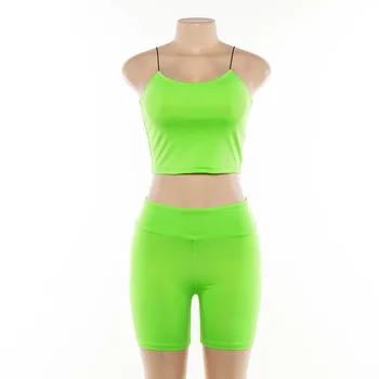 

Solid Casual Women Beach Two Piece Outfits Skinny Crop Top + Bodycon Shorts Neon Green Sets 2020 Summer Sexy Shorts Fitness Suit