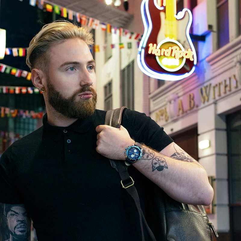 MEGIR Chronograph Men Watch Relogio Masculino Blue Leather Business Quartz Watch Clock Men Creative Army Military Wrist Watches
