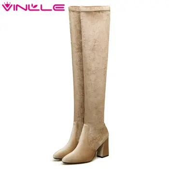 

VINLLE 2020 Woman Boots Over The Knee Boots Square High Heel Flock Zipper Women Shoes Apricot Ladies Motorcycle Boots Size 34-43