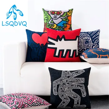

Cute Cartoon Keith Haring Graffiti Printed Decorative Throw Pillow Case Cotton Linen Sofa Home Cushion Cover For Sofa Home