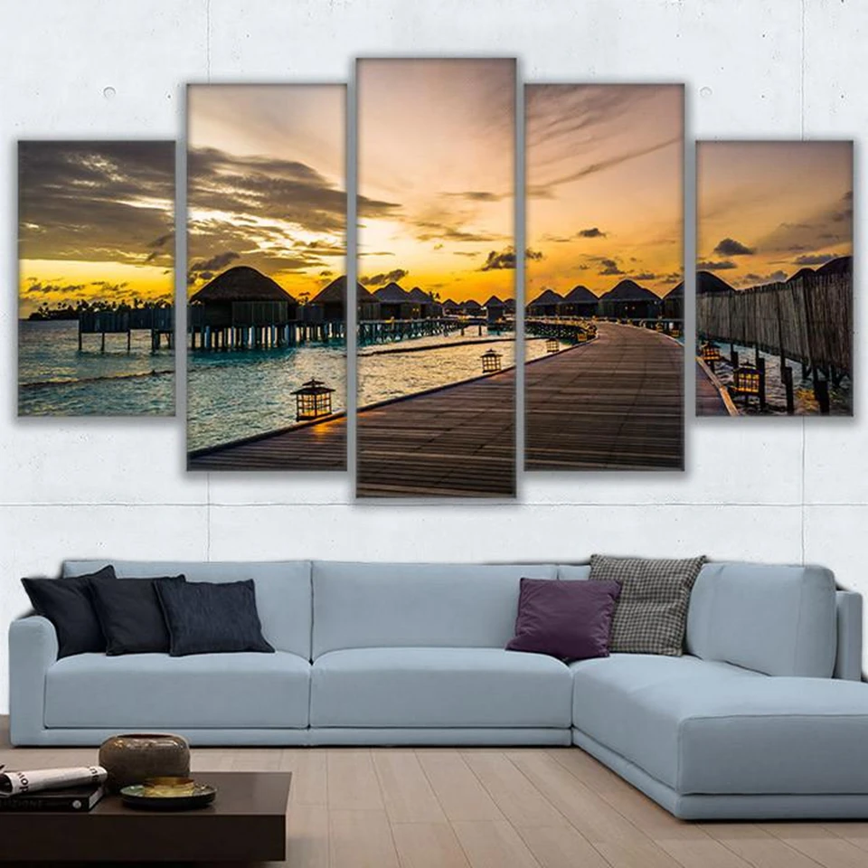 

Canvas Wall Art Pictures Home Decor Poster 5 Pieces Paradise Dockside Sunset Dawn Breaking Bridge Seascape Painting Living Room