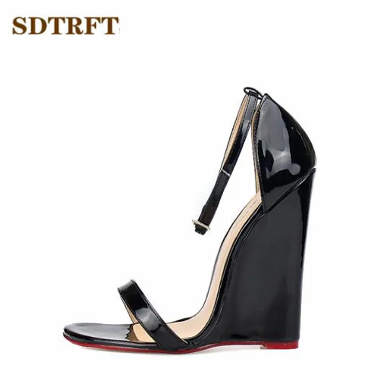 

SDTRFT Plus Size:40-43 44 45 46 Summer Elegant Peep Toe Sandals 14cm wedges female high-heeled Shoes woman Buckle pumps zapatos