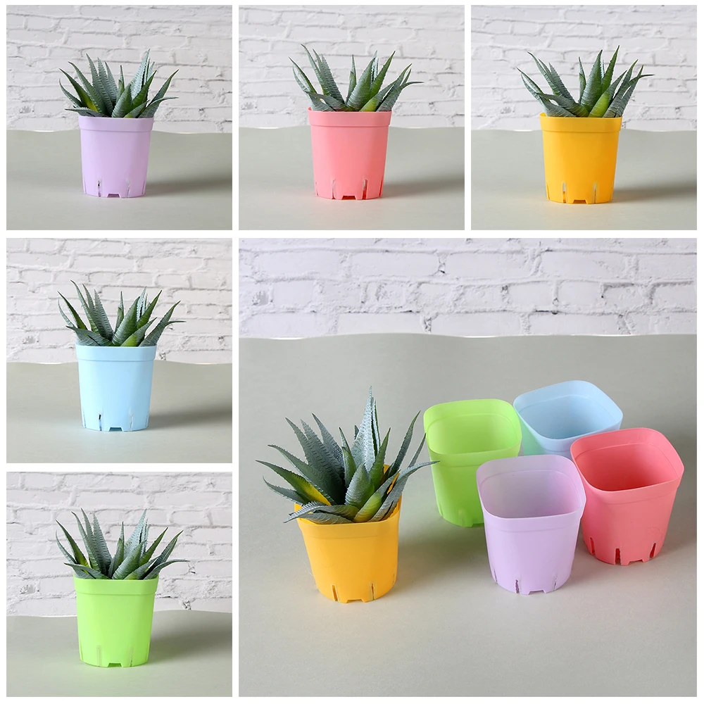 

1Pcs Creative Small Square Pots Plastic Plant Flower Pot Home Office Decor Planter Colorful with Pots Trays for Succulent Plant