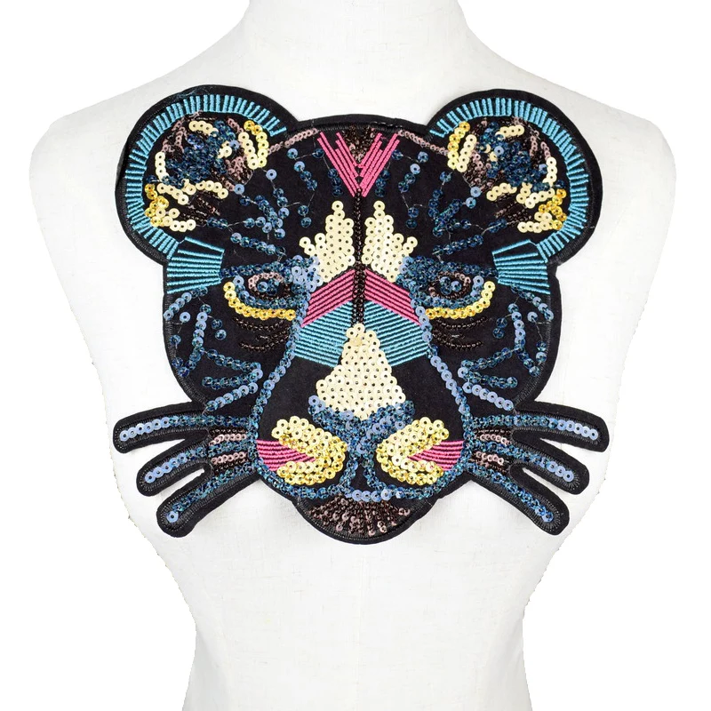 

1 Pcs 23.5*21 CM Fashion leopard Head Patch Embroidery Iron On Big patches for clothing DIY Motif Sequins Applique NL219