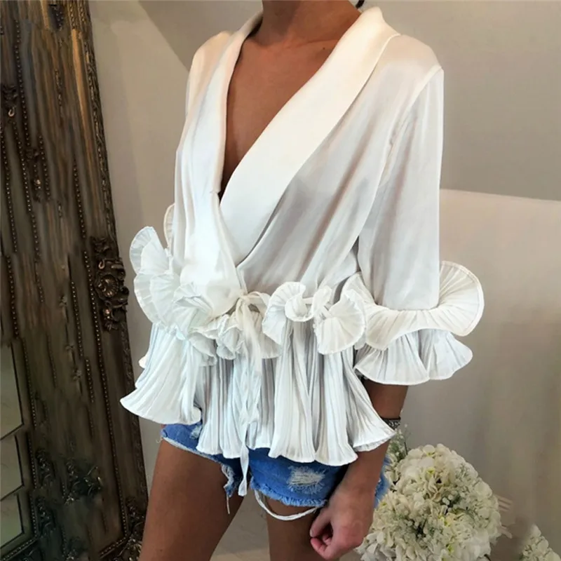 

Spring And Summer New Female Deep V-neck Ruffles Lace Up Chiffon Shirt Women's Three Quarter Sleeve Shirts Women Blouses Elegant