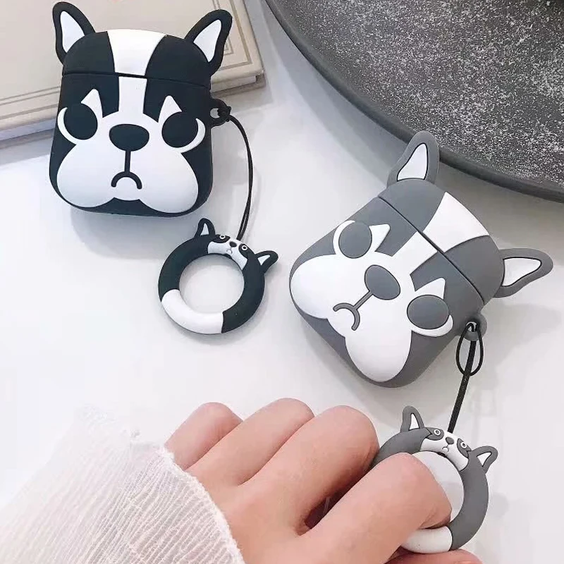 

3D Cute Bulldog Dog Finger Ring Lanyard Rope Soft Silicone Case for Apple Airpods 1 2 Bluetooth Wireless Earphone Cover Box Bags