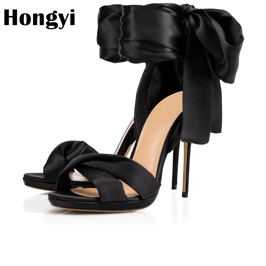 Hongyi/женские сандалии-гладиаторы; Летние босоножки на шпильке; туфли-лодочки с открытым носком и бантом; босоножки на высоком каблуке с ремешком на лодыжке