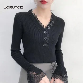 

EORUTCIZ Sexy Lace Sweater Women Pullovers Vintage Knitting Autumn V Neck Top Long Sleeve Thick Basic Sweater LM111