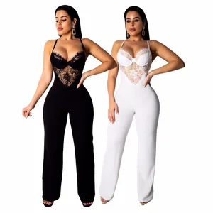 Women's Jumpsuits & Rompers with Lace At Front V-Neck Casual Full-Length Jumpers European and American Style