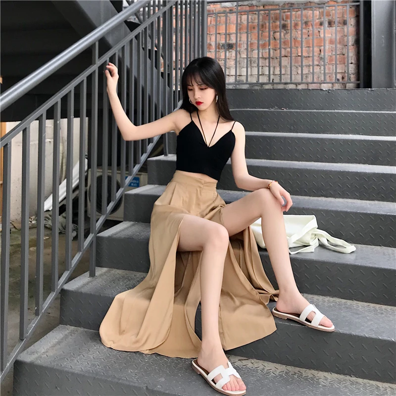 

wide-legged pants female han edition of tall waist loose open fork culottes gauze summertime joker nine points pants