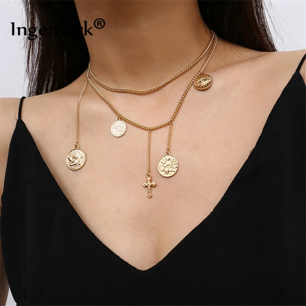 

Ingemark Vintage Angel Coin Pendant Choker Necklace Boho 2 Layer Gold Silver Cross Christian Tassel Necklace Women Accessories