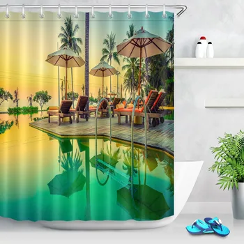 

LB Coconut tree Swimming Pool Sun Lounger Sunset Shower Curtain Scenic Waterproof Custom Bathroom Fabric For Art Bathtub Decor