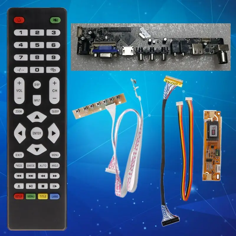 V56 Универсальный ЖК ТВ контроллер драйвер платы PC/VGA/HDMI/USB интерфейс+ 7 ключ доска+ LVDs кабель комплект