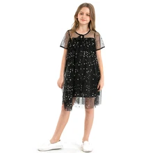 Платье принцессы для девочек летний костюм детские платья из сетчатой ткани для подростков Новинка года, черное платье с короткими рукавами и звездами для подростков 10 12