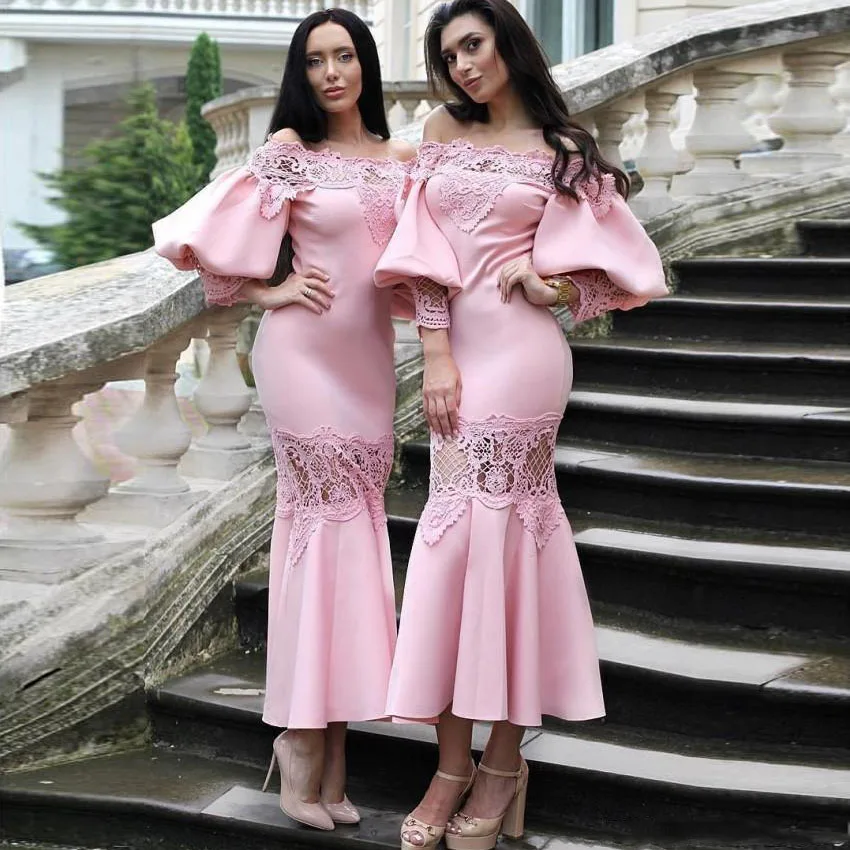 2019 Gorgeous Juliet Sleeves Short Tea Length Pink Bridesmaid Dresses Lace Neck Custom Made Prom Party Gowns Short Maid of Honor Dress119