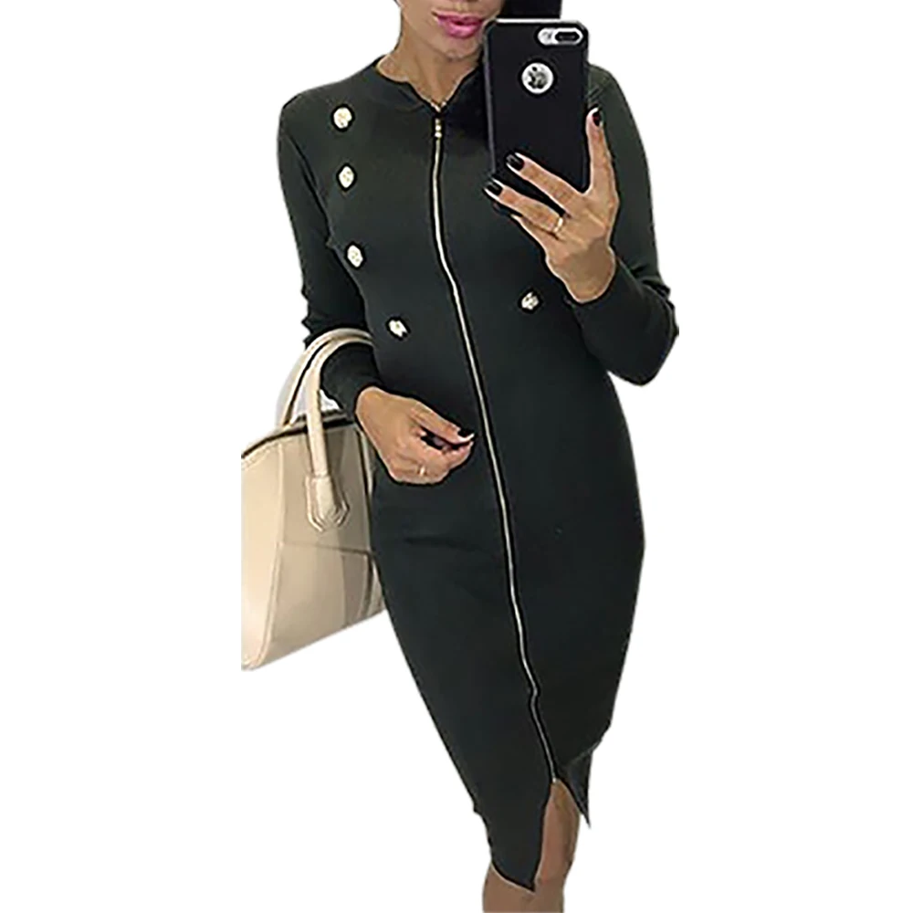 Buy Zip Up Women Midi Dress Long Sleeve Buttons