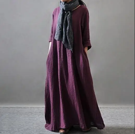 Женское длинное платье рубашка с V образным вырезом из хлопка и льна|vintage dress|autumn