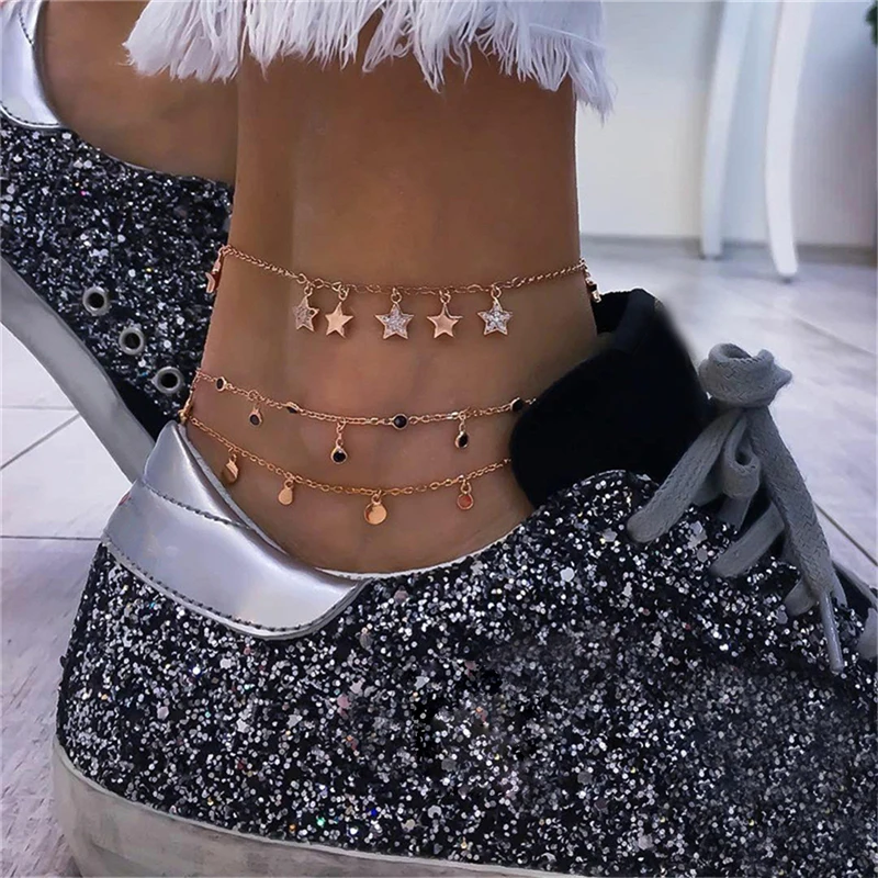 

3pcs/set Boho Crystal Coin Disc Star Anklets For Women Gold Color Leg Ankle Bracelet Summer Beach Foot Chain Jewelry C25