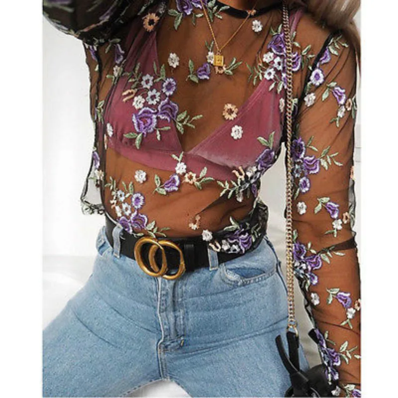 Women's Summer Sexy Mesh Sheer Flower Embroidery Long Sleeve Shirt