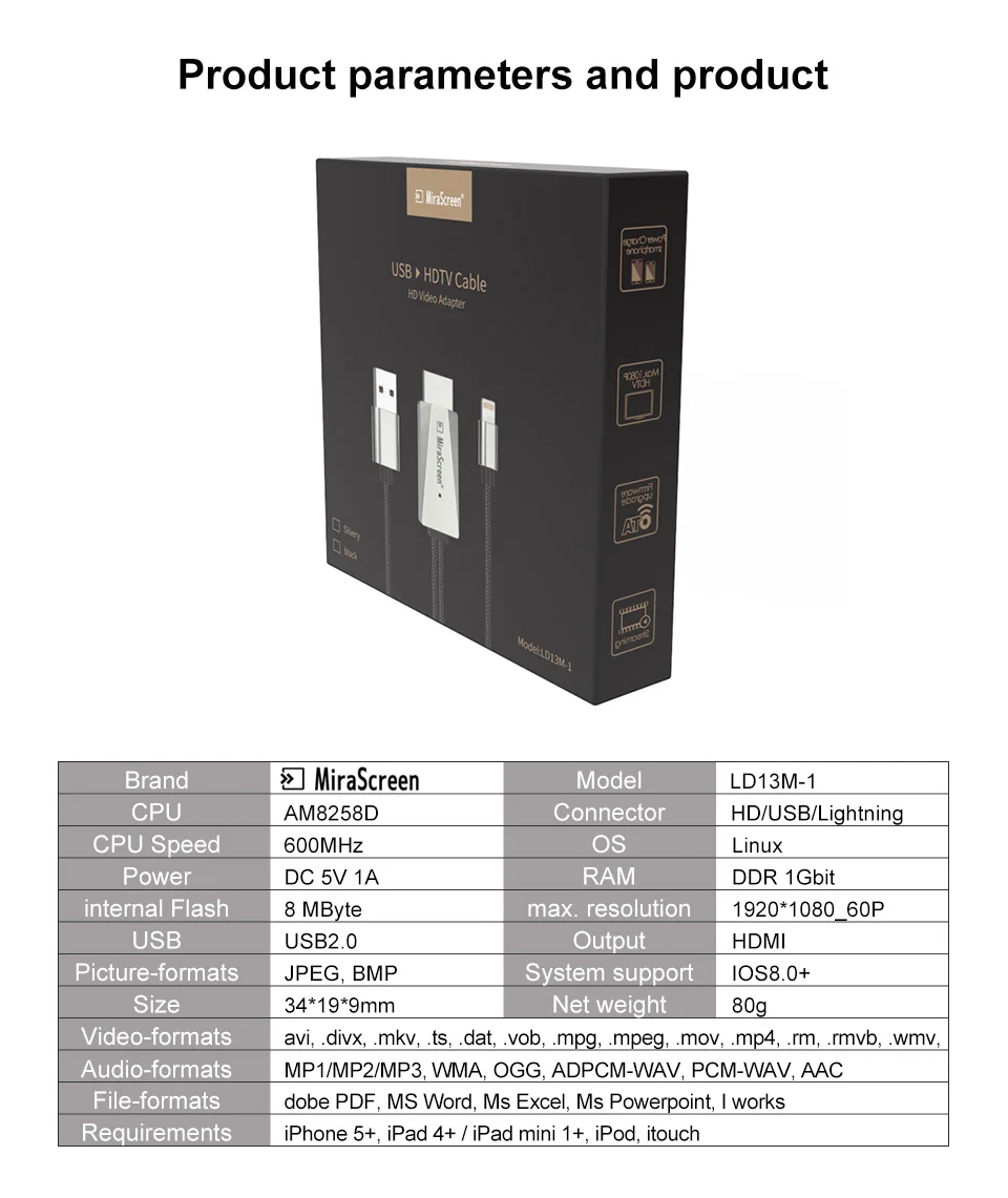 Mirascreen USB к HDMI кабель дисплея для освещения к HDMI кабель для apple ios телевизионный HD кабель для iphone X iphone 8 7 6 5 ipad ipod