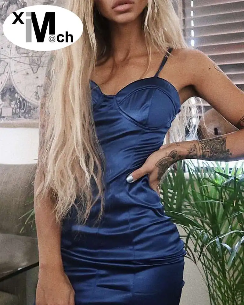 

xiM&M@ch New Sexy Satin Mini Dress V-neck Straps Backless Back zipper Package hip Pencil Dress Navy color DR09924E