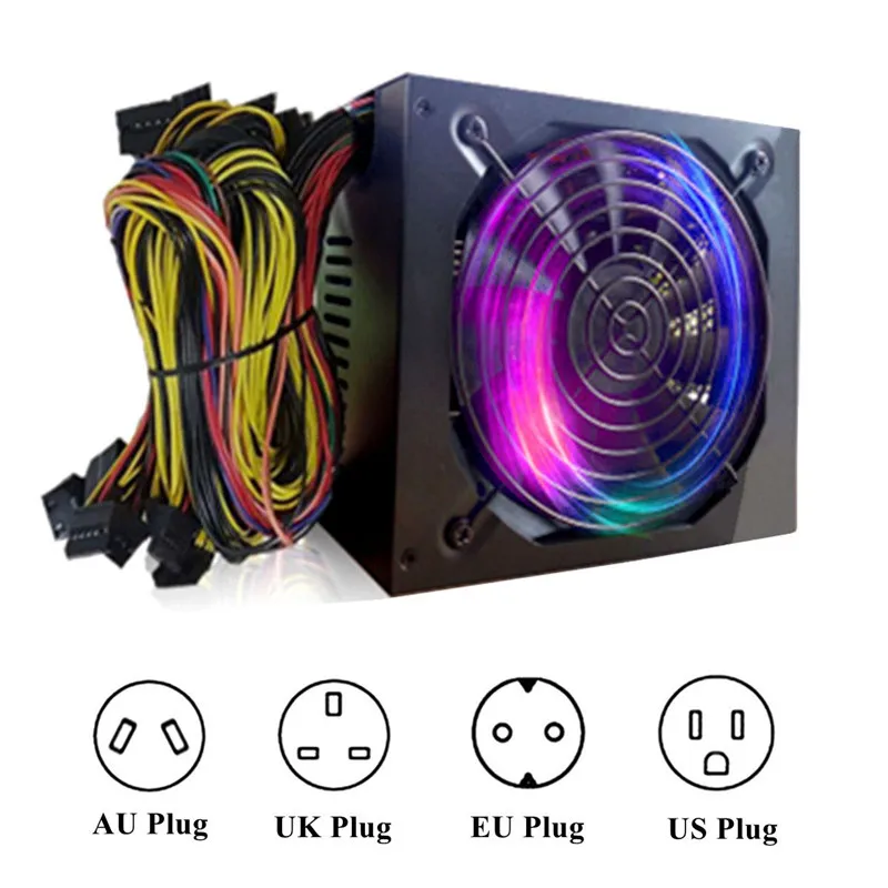 

Miner Case 1600W Power Supply for 6 GPU ETH Rig Ethereum Coin Miner 24pin 6 SATA Interface ATX Mining Power Match UK/US/EU Plug