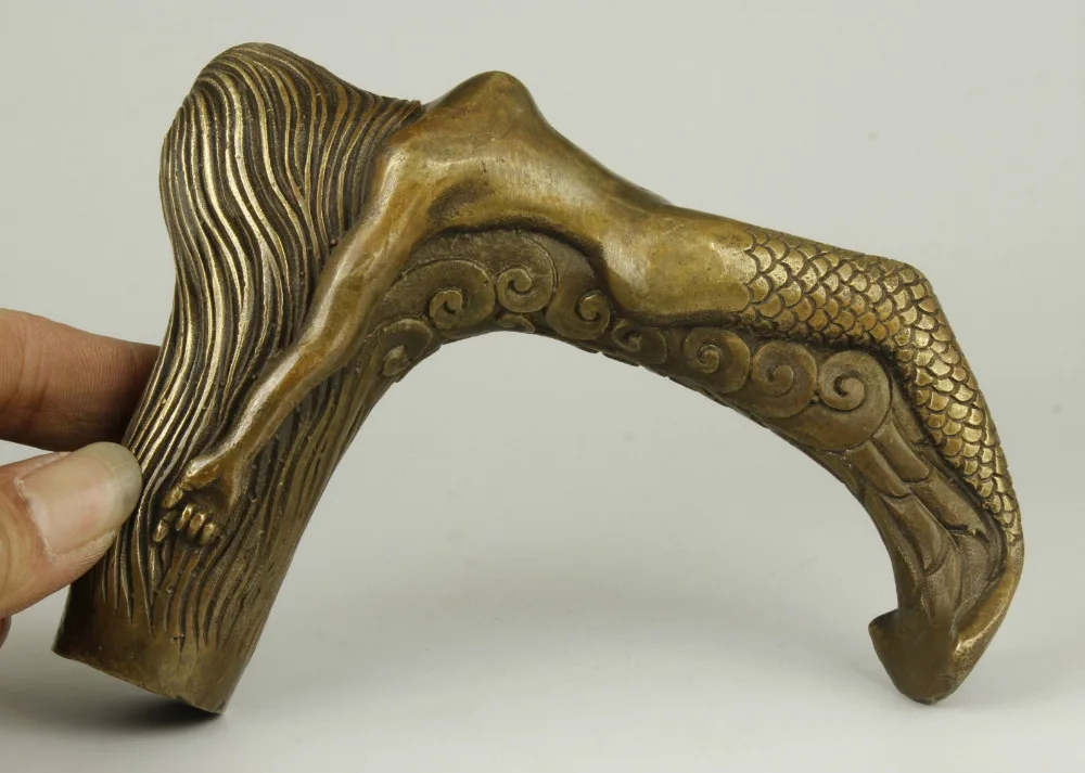 

Old Handmade Carving Bronze Mermaid Statue Cane Head Walking Stick