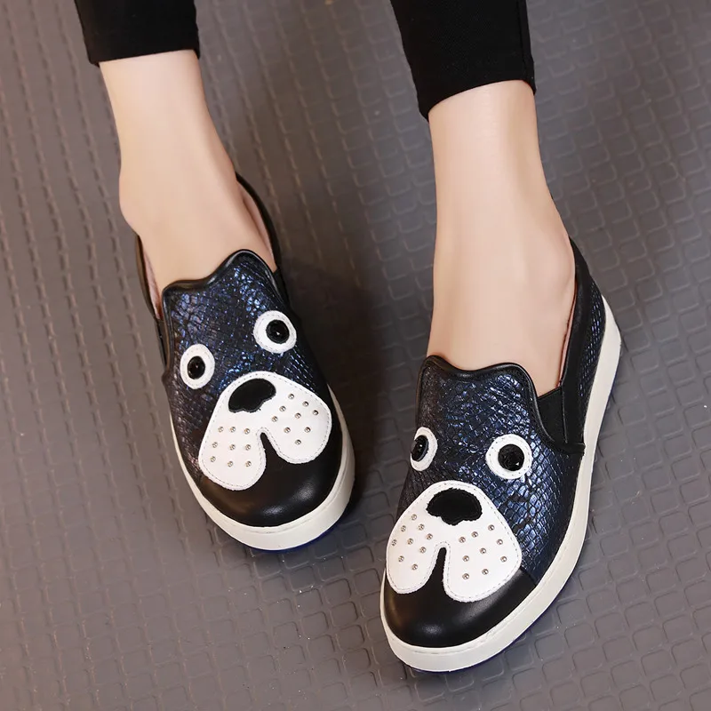 

Big Eyes Woman Flat Shoes 2019 New Spring Women Loafers Genuine Leather Cartoon Dog Flats Round Toe Slip-on Casual Shoes 4 Color