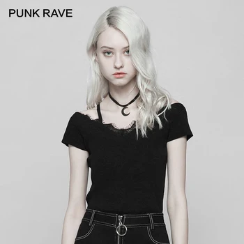 

PUNK RAVE New Women's Black Sexy Lace Short Sleeve T-Shirt Casual Stitching V-collar Knitted T-shirt Slim Thin Version Top Women