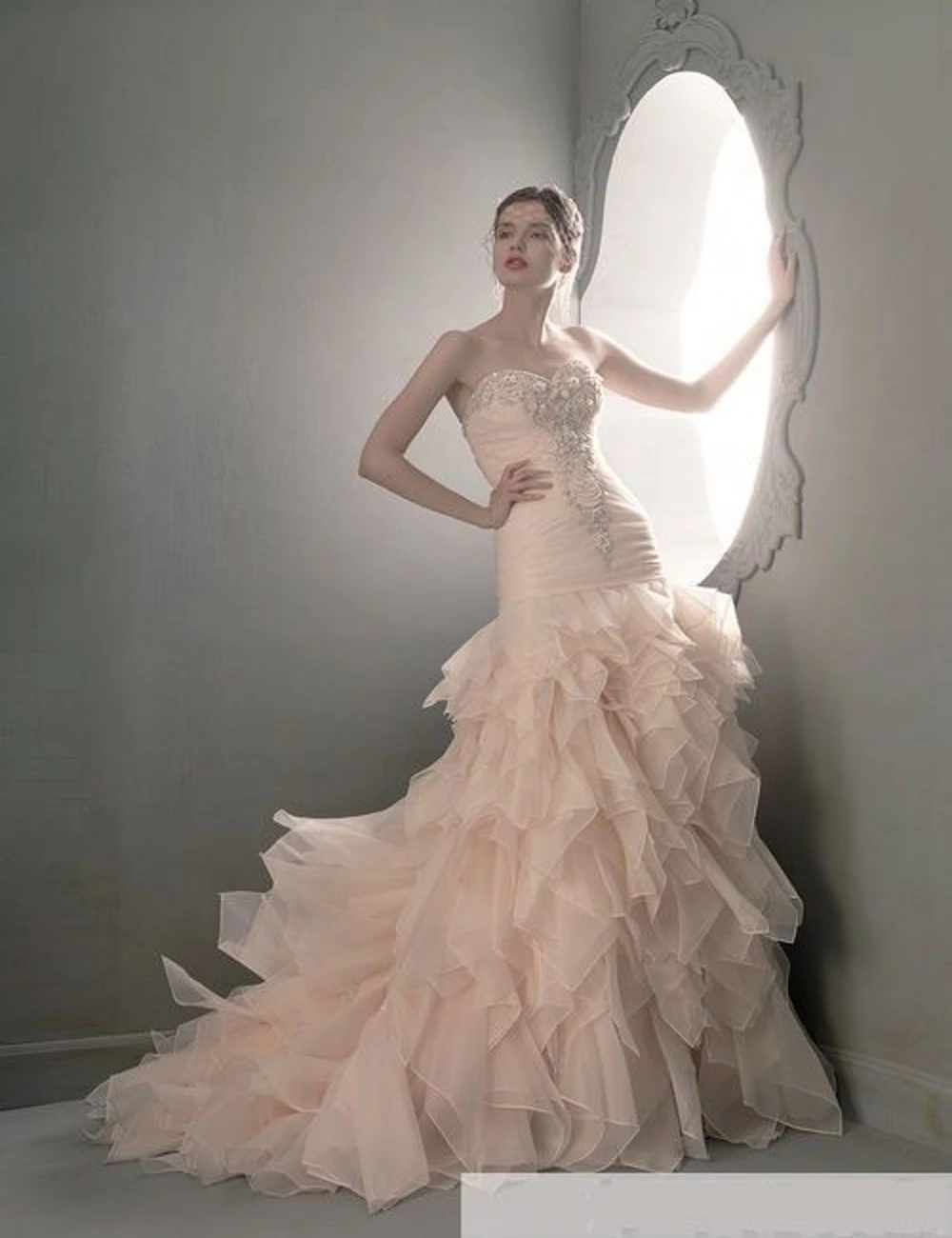 Sweetheart Mermaid Wedding Dresses Tiered Custom Pink Color Accent Ball