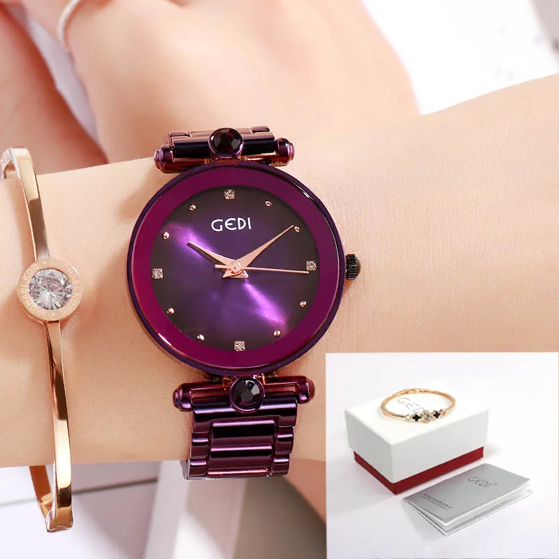 GEDI Rosegold Quartz Women's Watches Top Brand Luxury Ladies Clock Fashion Women Watch Simple Female Wristwatch reloj mujer New - Цвет: Purple box