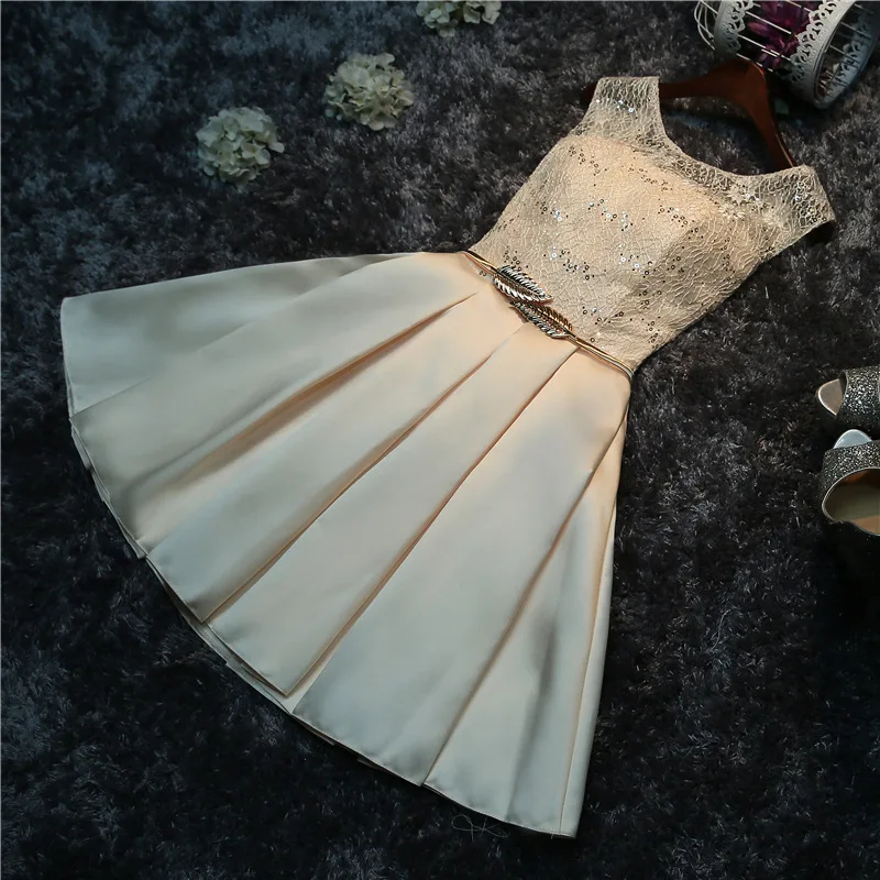 Классические цвета шампанского с металлической пояс в форме листьев короткое вечернее платье; милое детское платье с круглым вырезом, с кружевом, без рукавов, с блестками, простое вечернее платье L