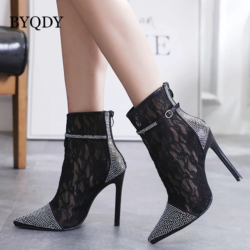 

BYQDY Wholesale 2018 Sexy High Heels Party Shoes Short Lace Black Boots Zipper Pointed Toe Shoes Ankle Woman Autumn Booties Shoe