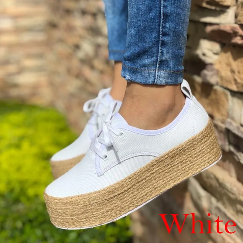 Laamei Women Espadrille Shoes Canvas Thick Bottom Flats Shoes Girls Lace Up Round Toe Casual Flats Plus Size Drop Shipping