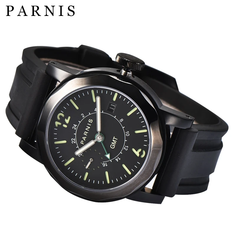 43mm Men Mechanical Watch Parnis Mens Automatic Watches GMT Sea-gull 2557 Black Rubber Strap 100M W