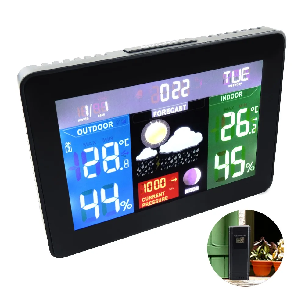 

Wireless Sensors Weather Station, Color Display Radio Controlled Clock Barometer RH% Temperature Moon Phase 5 Weather Forecast