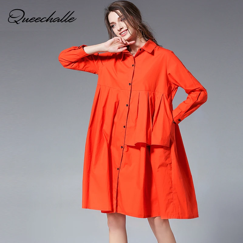 3XL 4XL размера плюс хлопковое платье-рубашка для женщин 2020 весна с оборками длинным