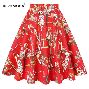 

Western Girl Casual Women Pleated Skirt Cotton Red Plus Size High Waist Skater Skirt Audrey Hepburn Big Swing 50s 1950s Skirts