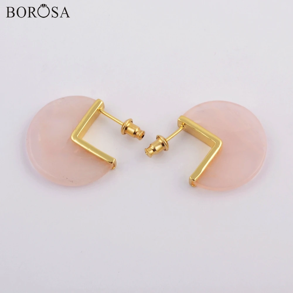 

BOROSA Jewelry 5Pairs Gild High Quality Natural Rose Quartzs Stud Earring Transparent Natural Pink Crystal Quartz Earring ZG0421