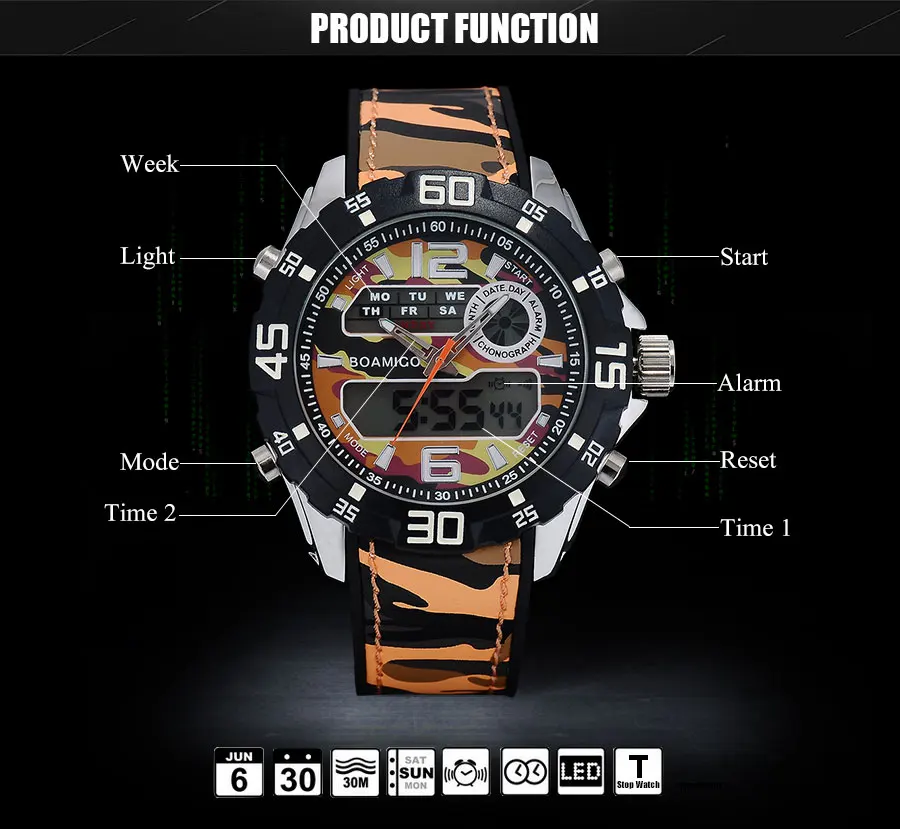 BOAMIGO Brand Fashion Dual Display Watches Mens Sports Watch Rubber Band Digital Analog LED Wristwatch Gift Clock 30M Waterproof (3)